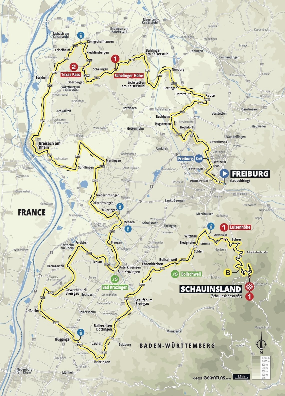 Etappe 3: Bergankunft am Schauinsland als Höhepunkt einer Runde durch Kaiserstuhl und Süd-Schwarzwald mit Freiburg als Startort.