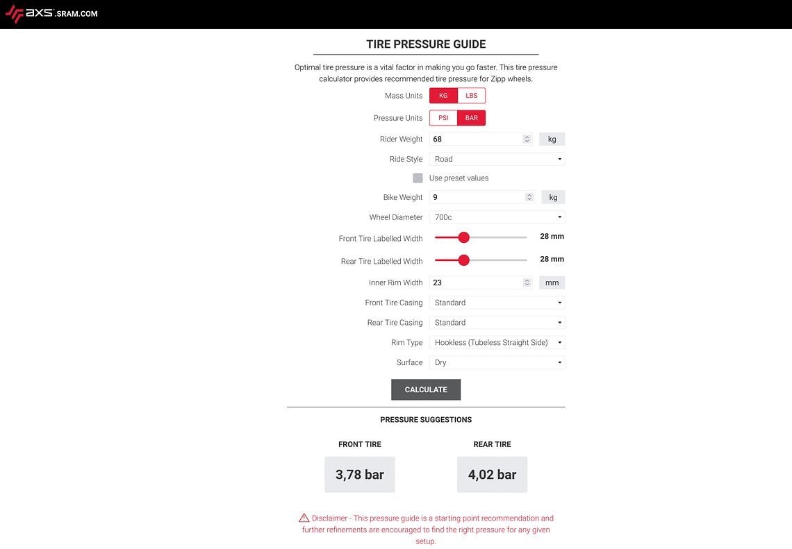 Der SRAM Tire Pressure Guide ist frei zugänglich