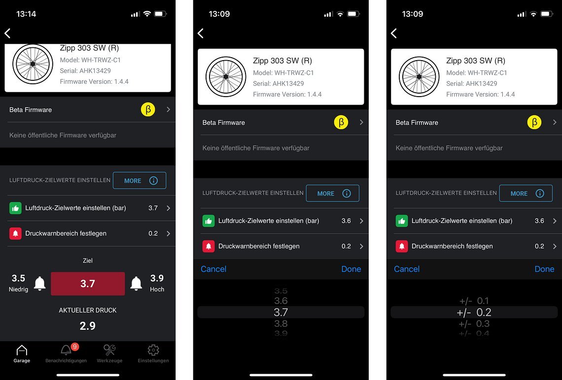 Sowohl der Wunschluftdruck, als auch die maximal erlaubte Abweichung nach oben und unten können in der App eingestellt werden
