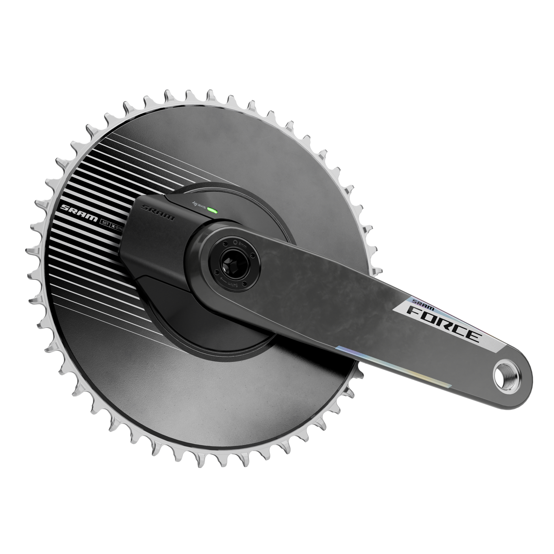 Auch die Aero-Kettenblätter mit integriertem Powermeter können selbstverständlich an der Force Kurbel eingesetzt werden.