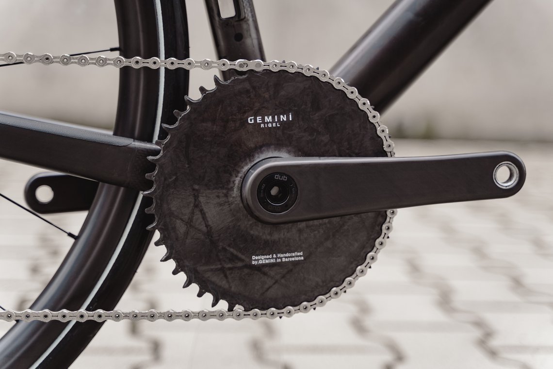 Das Gemini-Kettenblatt aus Carbon, und die Kurbeln wurden ebenso von Lack befreit.