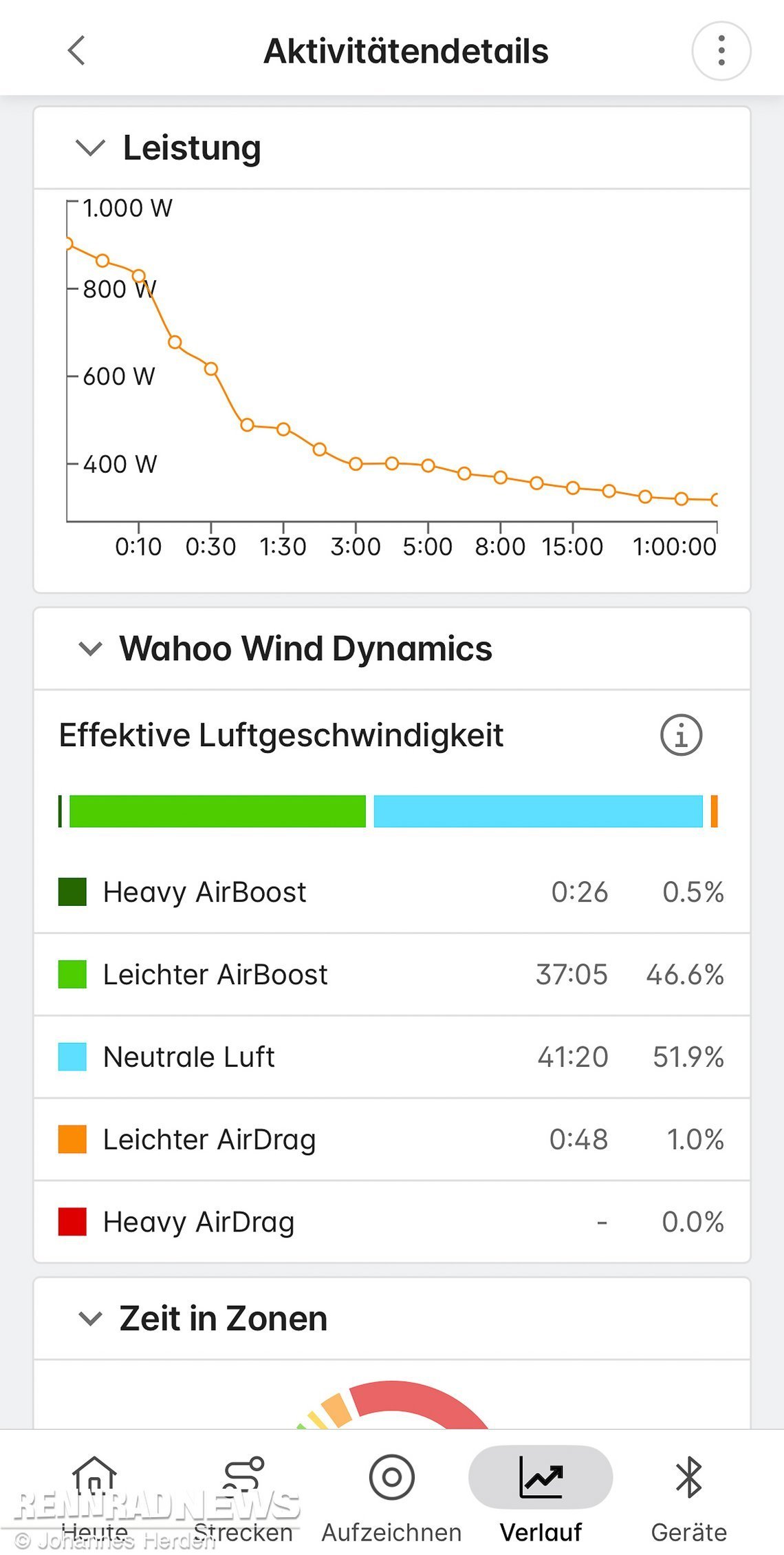 So wird aktuell via “Wahoo Wind Dynamics“ in der App die Luftgeschwindigkeit analysiert