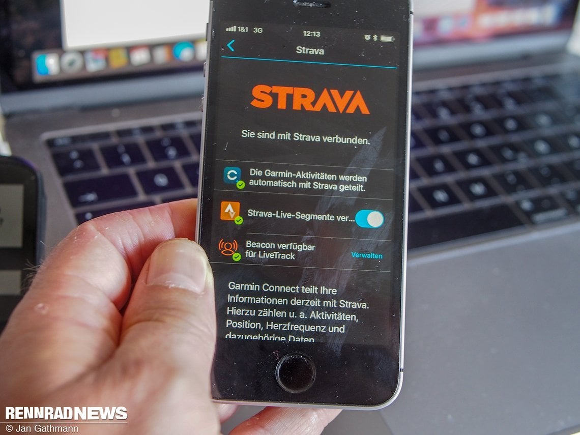 Hier nimmt man auch die Freigabe für Strava vor, um Live-Segmente zu sehen und Aktivitäten automatisch auf das Portal zu laden