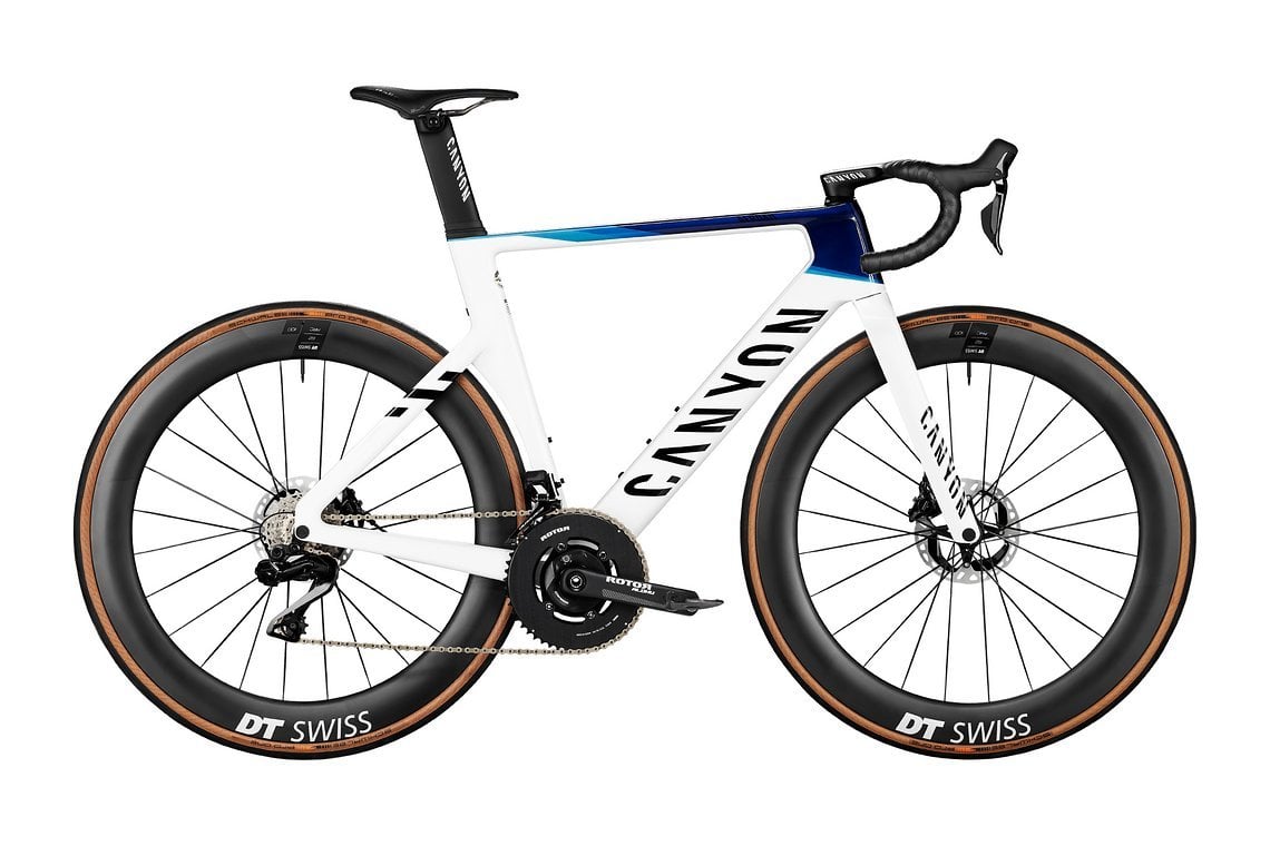 Das Canyon Aeroad CFR Disc Di2 kommt mit Rotor-Kurbel inkl. Powermeter, Shimano Dura Ace Di2 Komponenten und DT Swiss ARC 1100 Aero-Laufrädern