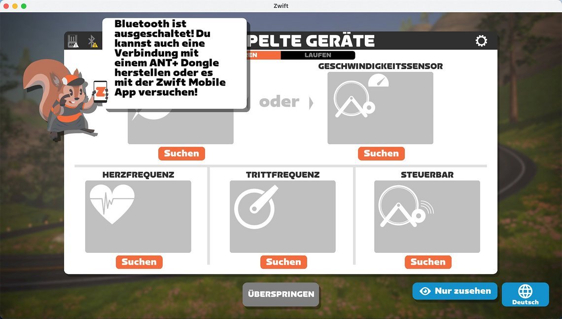 Zwift möchte zunächst die Verbindung über Bluetooth oder ANT+ herstellen.