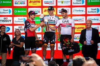 Das Podium mit Degenkolb, Ackermann, Kristoff (von links). Foto ASO/ Henning Angerer