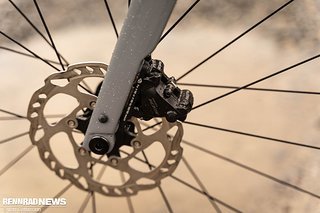 Die Shimano 105 Disc-Bremse mit den einfachen Scheiben wirkte nicht ganz so bissig wie in den höherwertigen Gruppen.