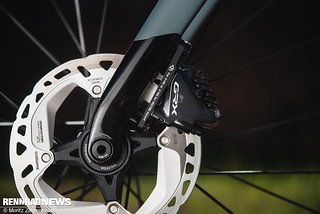 Die Shimano GRX-Bremsen in Kombination mit den XT-Disc-Rotoren überzeugten mit bissiger Bremskraft.