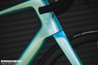 Am schön designten Übergang von der Gabel zum Unterrohr sowie am flächigen, kantigen Steuerrohr-Bereich erkennt man, dass Avona bei der Entwicklung des Velum Wert auf Aerodynamik gelegt hat