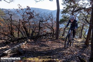 Unebenheiten und Wurzeln pariert man am breiten Lenker leichter. Unebenheiten und Wurzeln pariert man am breiten Lenker leichter.