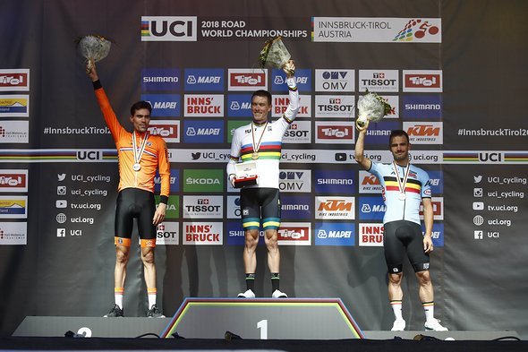 Das Podium der Herren bei der Rad WM 2018 im Einzelzeitfahren Das Podium der Herren bei der Rad WM 2018 im Einzelzeitfahren