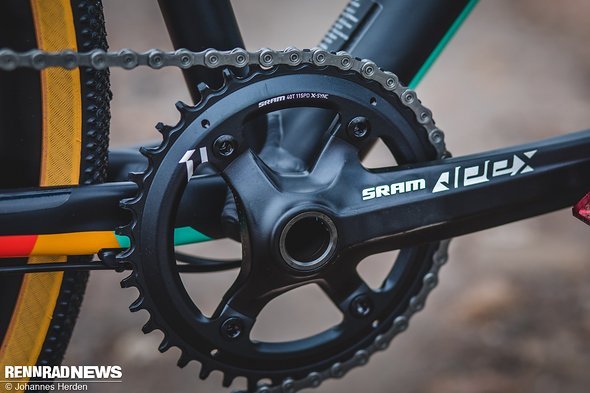 Der Beinahe-Standard bei den Gravelbikes im Test: 40er Kettenblatt vorne mit 11-42 Kassette hinten Der Beinahe-Standard bei den Gravelbikes im Test: 40er Kettenblatt vorne mit 11-42 Kassette hinten